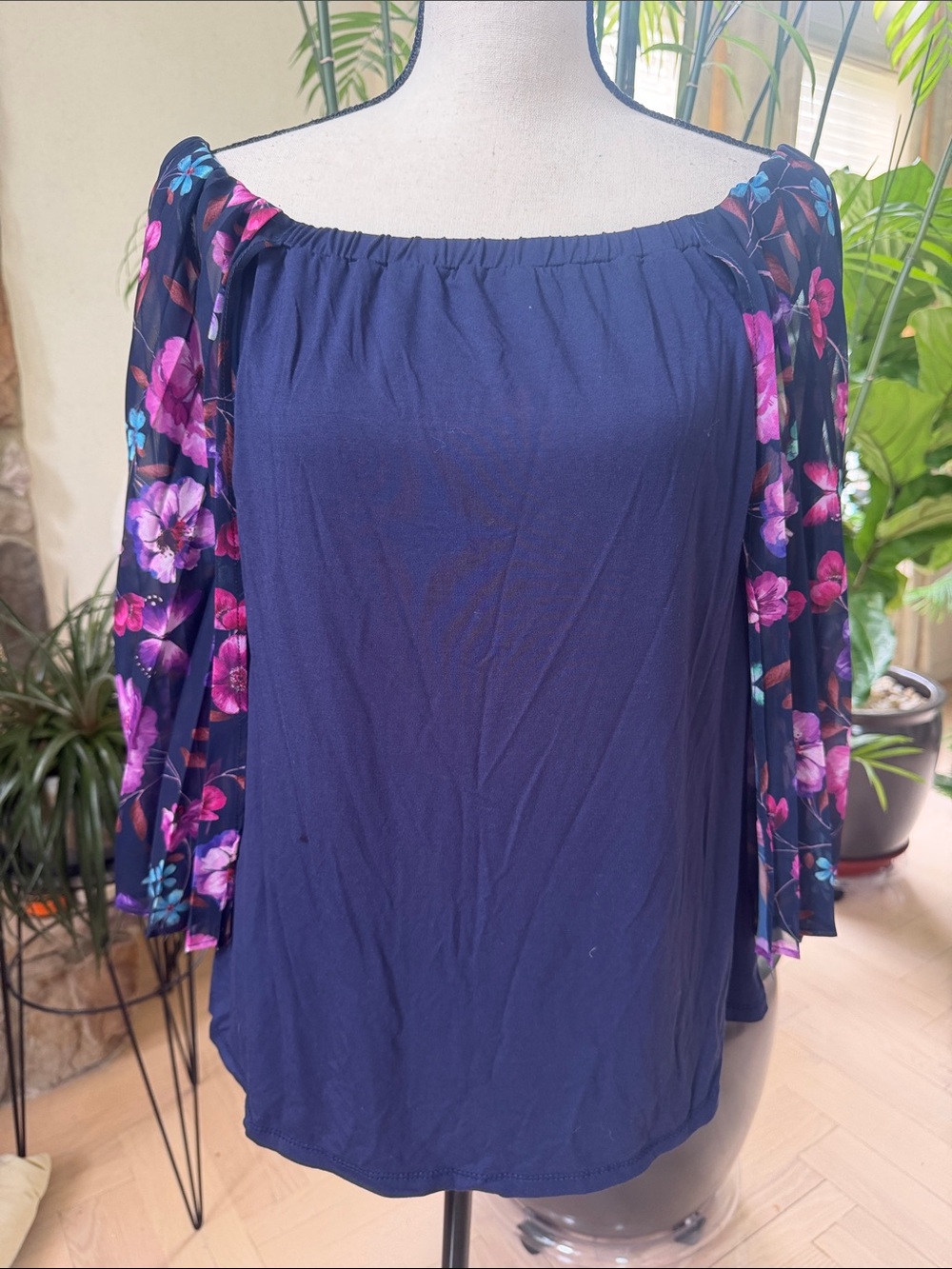 Colleen Lopez Navy Off-Shoulder Tunic with Floral Sleeves